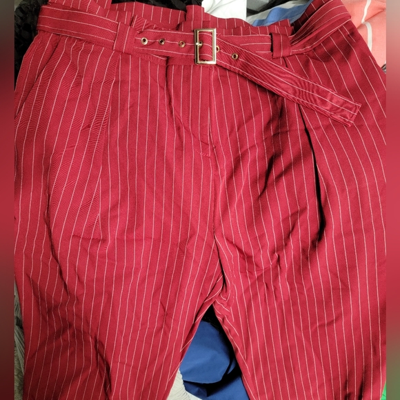 Red Pinstripe Pleated Pants + gold belt - Picture 5 of 10